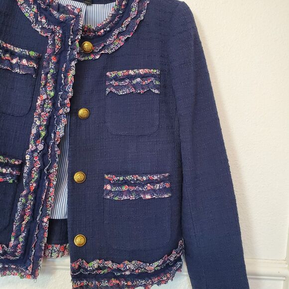 J Crew Lady Jacket Blazer Liberty Floral Trim Tweed Preppy Navy Blue Womens 2 - Picture 4 of 16